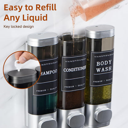 Shampoo and Conditioner Dispenser,Shower Soap Dispenser 3 Chamber No Drill Wall-Mounted Shampoo Dispenser for Shower Wall Mounted Shower Dispenser for Bathroom Hotel Large Capacity,Dark Gray1