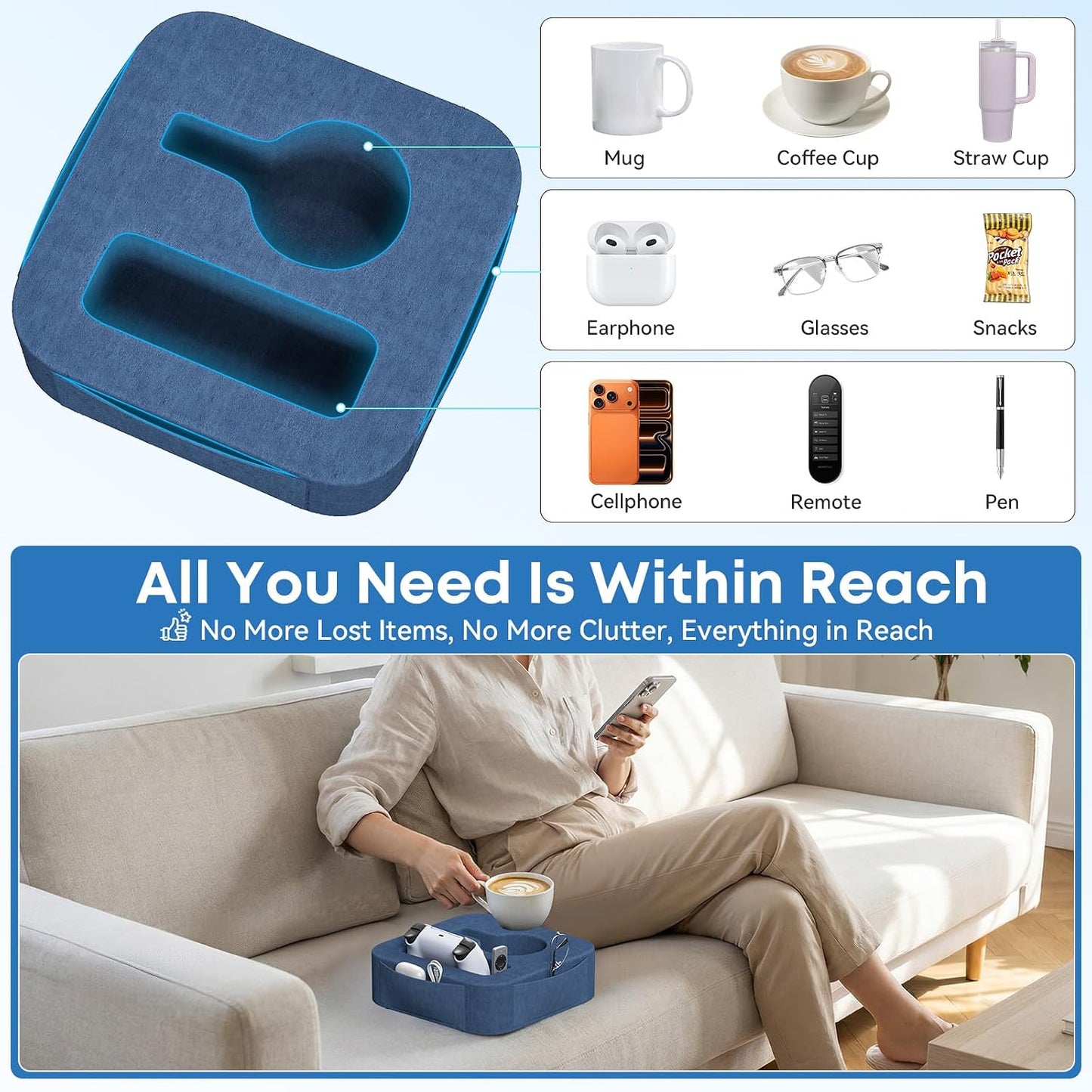 Couch Cup Holder Pillow, Sofa and Bed Caddy for iPad, Kindle, Switch, Game Controller, Remotes, Phones, Small-Sized Cup & Drink Holder for Couch, Bed, Desk, Car, Beach, Bathroom Cup Holder