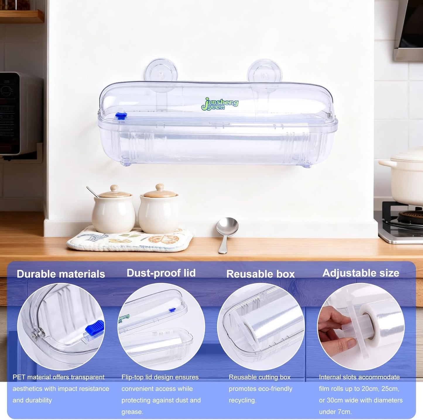 Refillable Cling Wrap Dispenser with Slide Cutting Cutter | Reusable design supports nail-free wall mounting & countertop placement, neatly stores plastic wrap for food preservation