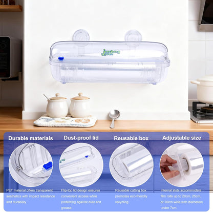 Refillable Cling Wrap Dispenser with Slide Cutting Cutter | Reusable design supports nail-free wall mounting & countertop placement, neatly stores plastic wrap for food preservation