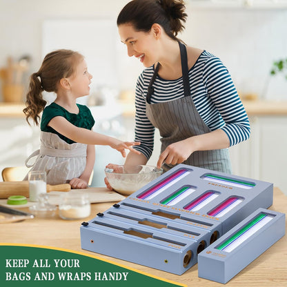 Calmbee 9 in 1 Bamboo Storage Bag Organizer for Kitchen Drawer – Plastic Wrap Dispenser with Cutter & Foil Organizer, Wooden Baggie Organizer for Sandwich, Snack, Gallon, Quart Sizes, Natural