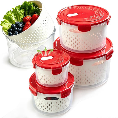 TBMax Fruit Storage Containers for Fridge Organizers and Storage, 4 Pack Large Produce Saver with Airtight Lid & Colander for Berry Lettuce Salad Vegetable Storage, Refrigerator Organizers
