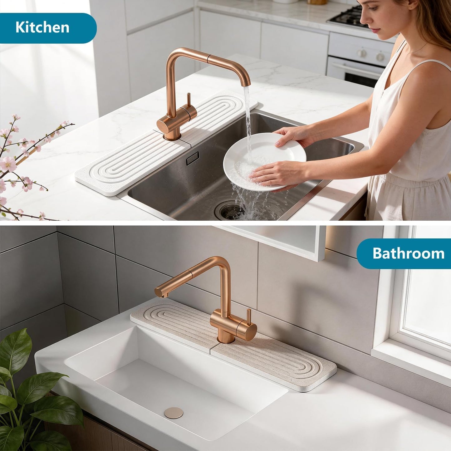 Diatomite Stone Faucet Mat for Kitchen Sink,15.8 x 3.9 Inch | Sink Protectors for Kitchen Sink, Fast Drying Sink Splash Guard Pad, Water Absorbing Stone Drying Tray for Kitchen Bathroom