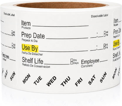 Water Dissolvable Food Labels, 2 x 3, 500/Roll, Food Rotation | Writable Rotation Stickers for Prep Date, Use By, Shelf Life, Restaurants, Kitchens, Fridge and Freezer Storage. Made in USA