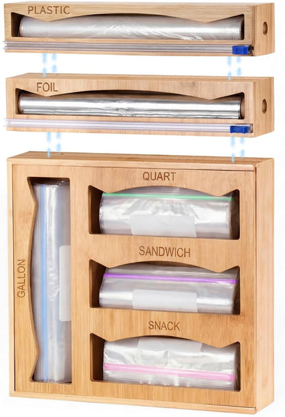 6-in-1 Bamboo Kitchen Drawer Organizer for Storage Bag, Foil & Plastic Wrap | Saran Wrap Dispenser with Cutter, Plastic & Grocery Bag Holder, Bamboo Drawer Organizer, Gallon/Quart Storage Bags