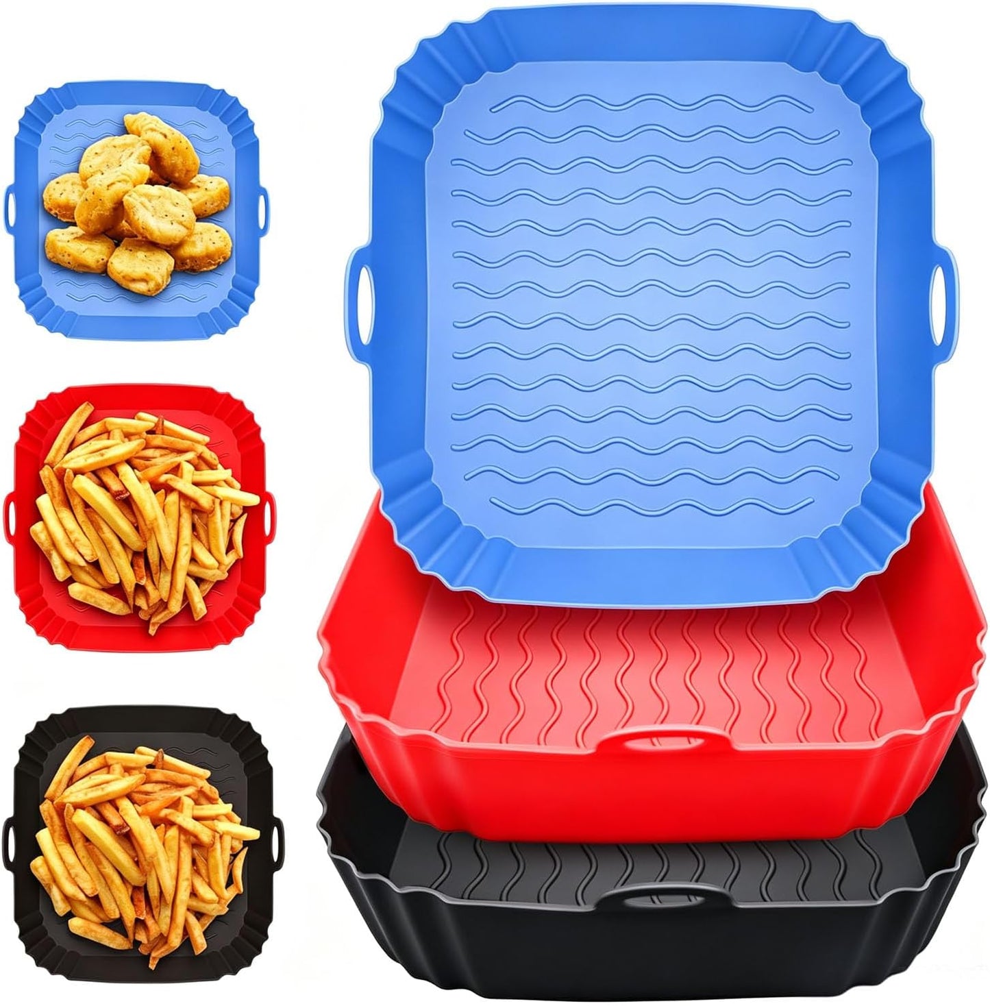 2 Pack Air Fryer Liners,8 Inch Silicone Airfryer Liners,Air Fryer Accessories,Reusable Baking Tray Oven Accessories,Replacement of Flammable Parchment Paper (Red Blue) (Black&Red&Blue)