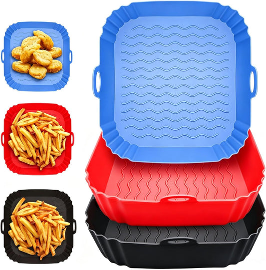 2 Pack Air Fryer Liners,8 Inch Silicone Airfryer Liners,Air Fryer Accessories,Reusable Baking Tray Oven Accessories,Replacement of Flammable Parchment Paper (Red Blue) (Black&Red&Blue)