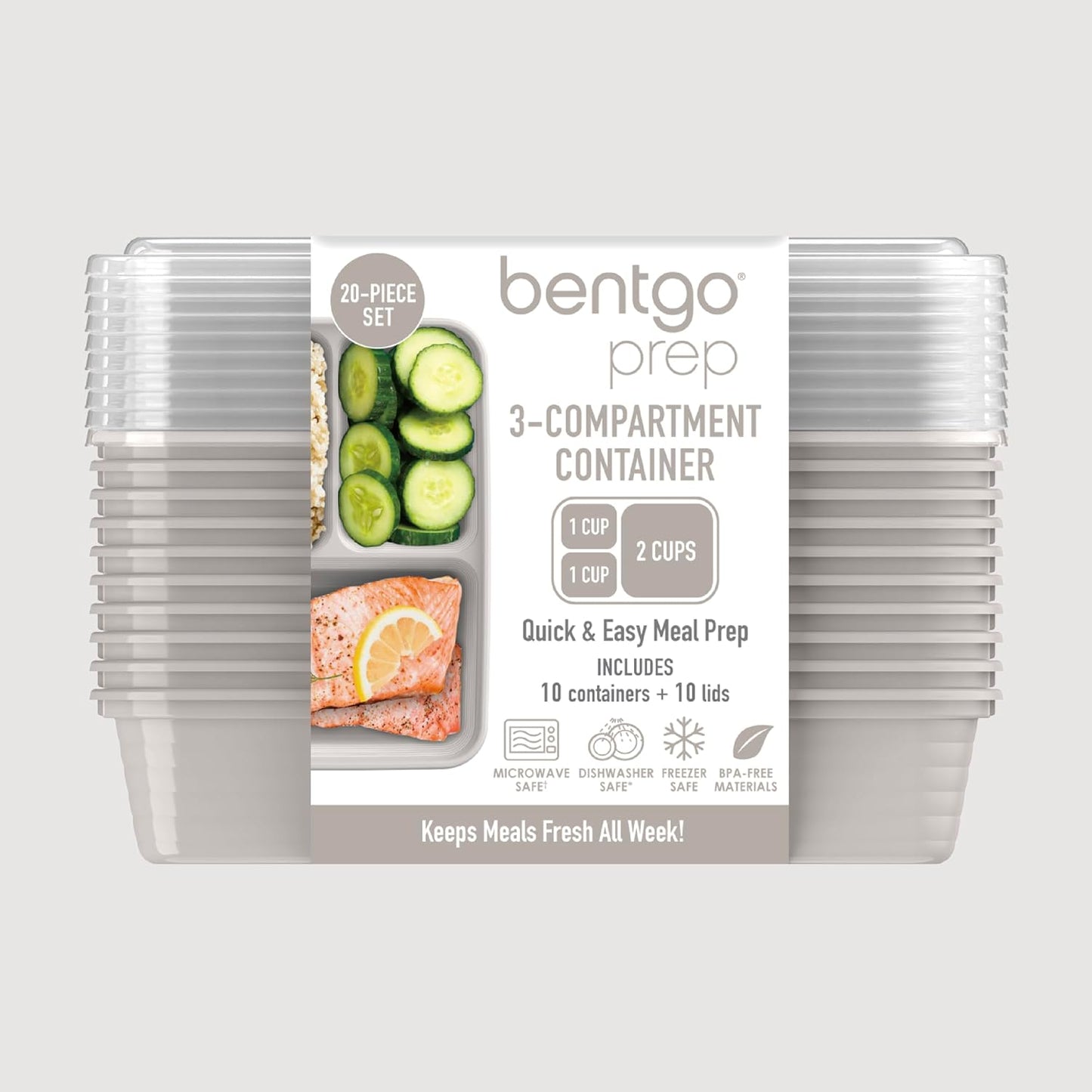 Bentgo Prep 3-Compartment Meal Prep Containers with Lids, 20 Piece Set | 4-Cup Capacity, Portion Control, Stackable, Microwave, Freezer & Dishwasher-Safe, PFAS & BPA-Free (Navy Blue)