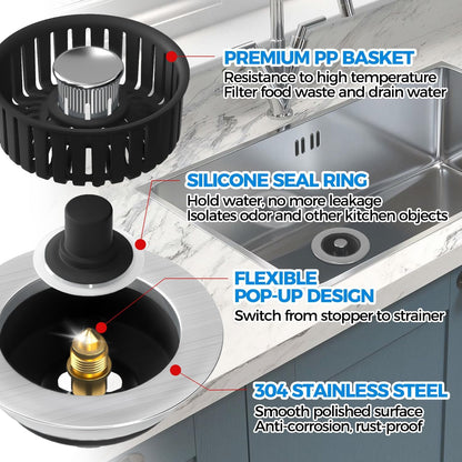 3 in 1 Kitchen Sink Drain Strainer Stopper Removable Basket Pop-Up | Kitchen Sink Accessories 1 Pack Black Stainless - Food Catcher, Odor-Blocking Seal, Fits 3.5" Drain, Easy Clean