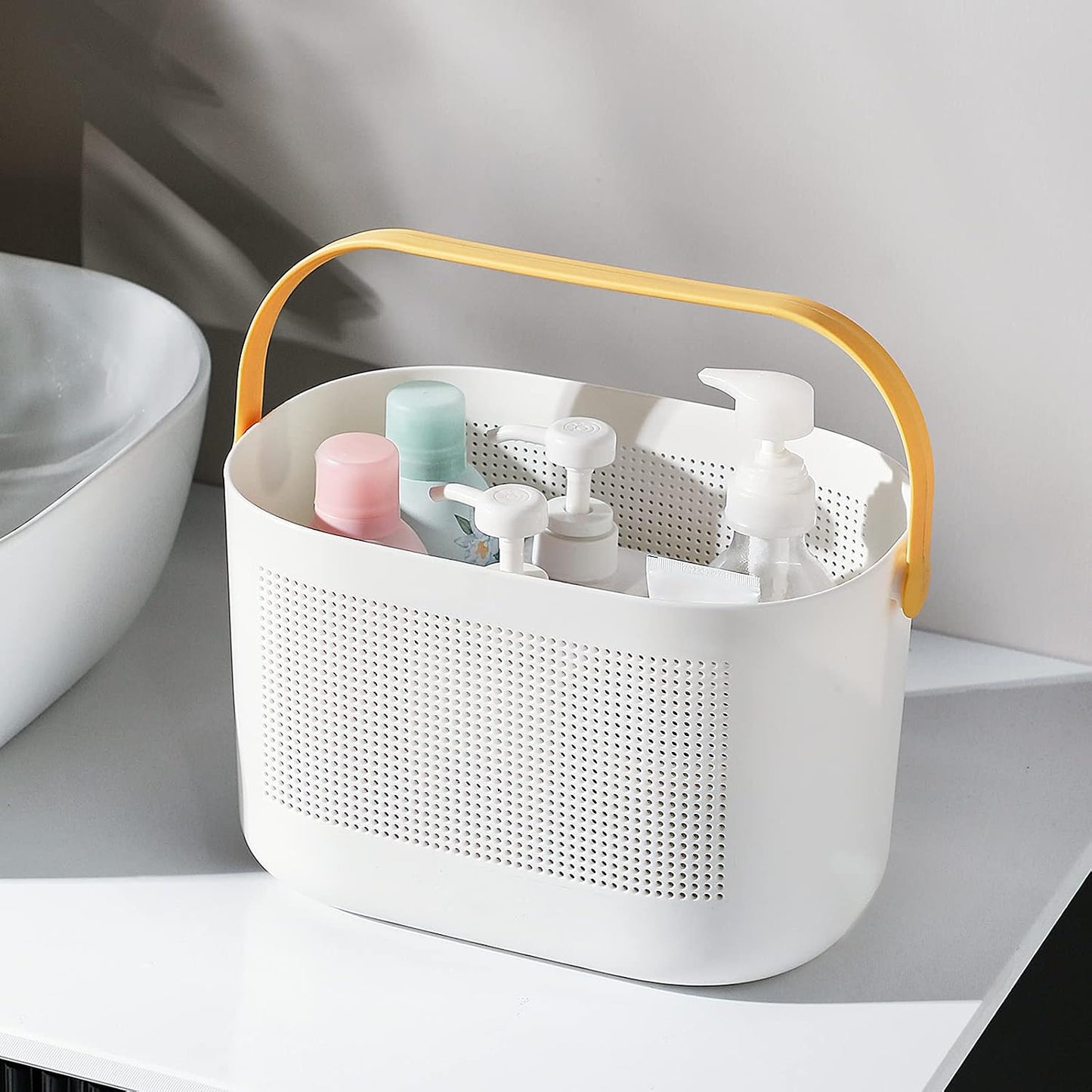 Plastic Portable Shower Caddy Basket, Storage Organizer with Handle, Yellow | Bottom Drain Holes, Keep Dry, Sturdy and Durable, Easy to Carry for Bathroom, Kitchen, Dorm Room, RV, College