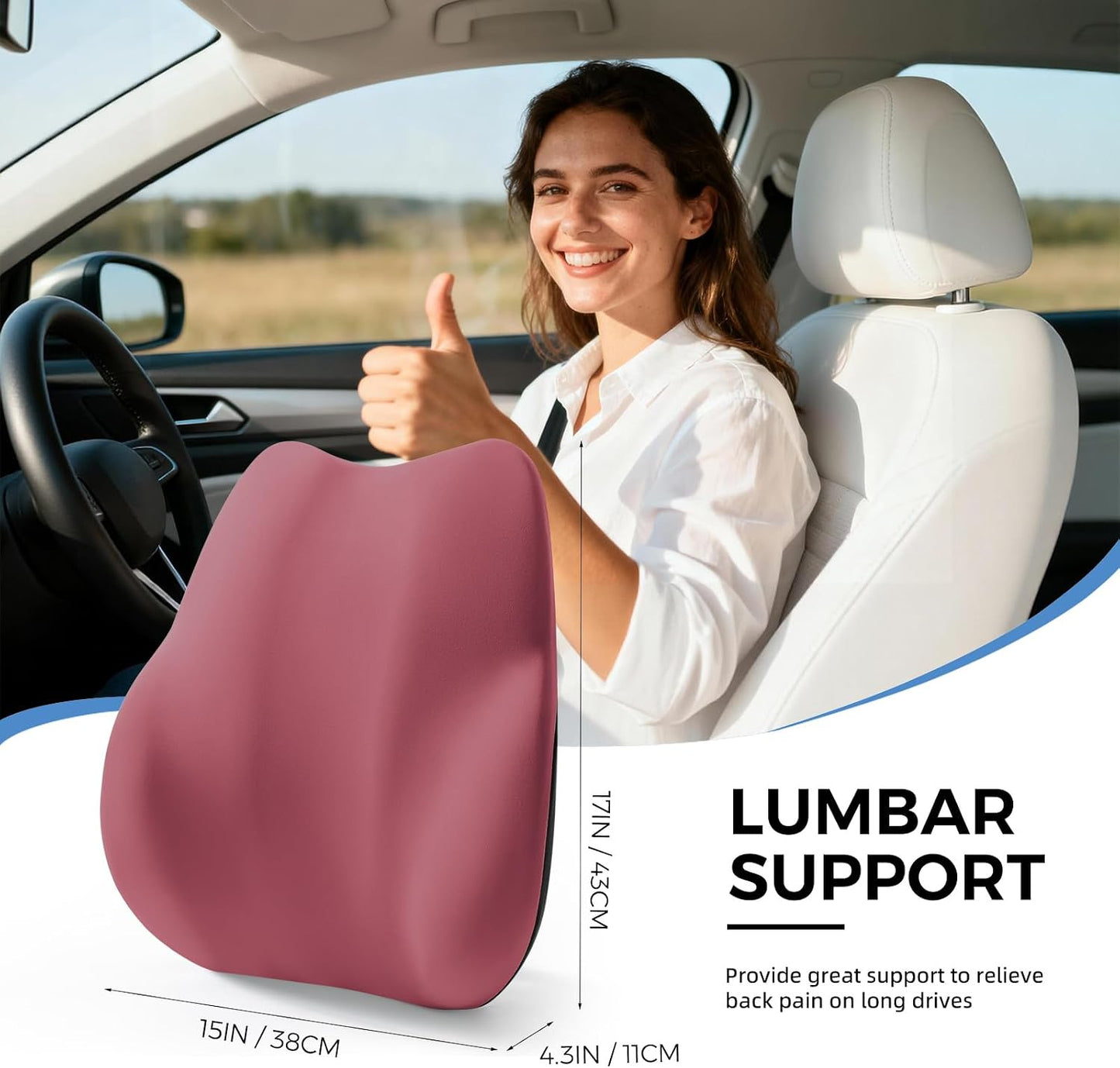 BEBAS Ergonomic Lumbar Support Pillow for Car, Memory Foam Car Back Cushion | Comfort Lumbar Pillow for Back Pain Relief, Breathable Washable Cover, Fits for Driving, Office, Wheelchair, Black