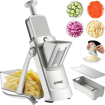 QYKIC Safe Mandoline Slicer for Kitchen, Adjustable Potato Slicer Pro | 0.1-8mm Vegetable Chopper Fry Cutter Julienne Dicer Large Chute Stainless Steel Blades Detachable Dishwasher Safe Gifts