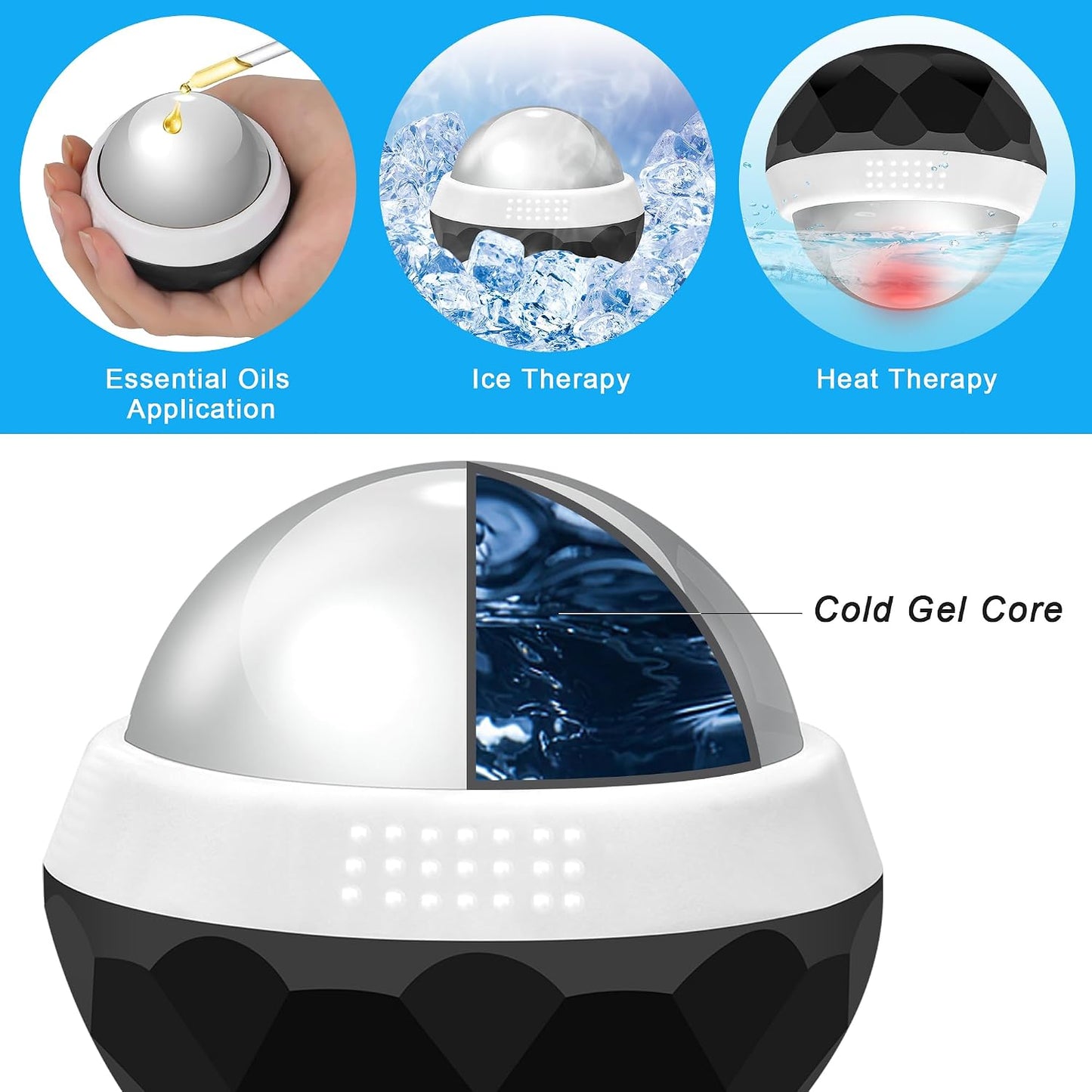 Coolrunner Cold Massage Roller Ball, Cryosphere Cold Massage Ball- Heat Therapy & Cold Therapy Relief with Cold Gel Core- Helps with Muscles Recovery and Inflammation for Shoulders, Neck (Black Blue) | Heat Therapy & Cold Therapy Relief, Helps with