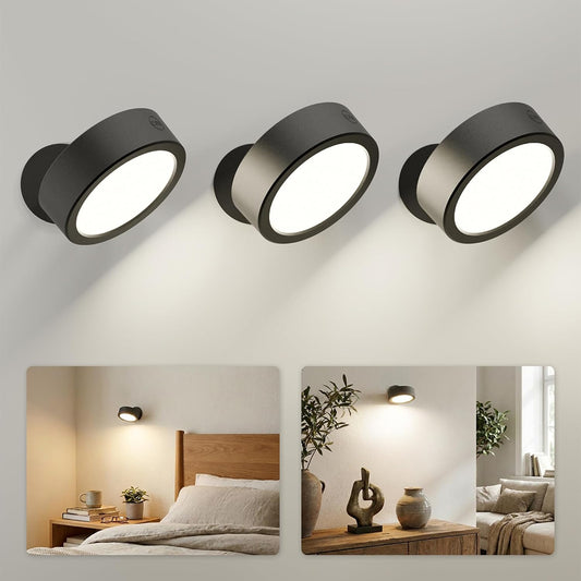EZVALO LED Wall Mounted Light, 3000mAh Rechargeable Cordless Wall Sconce, Dimmable with Remote & Touch Control, 3 Color Temps, 360° Rotatable for Bedroom, Bedside, Reading(White, 2Pack)