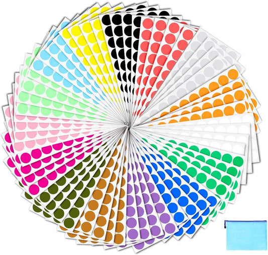 Pack of 2400 3/4" Round Color Coding Circle Dot Sticker Labels - 15 Assorted Colors, Zipper File Bag Included for Easy Storage