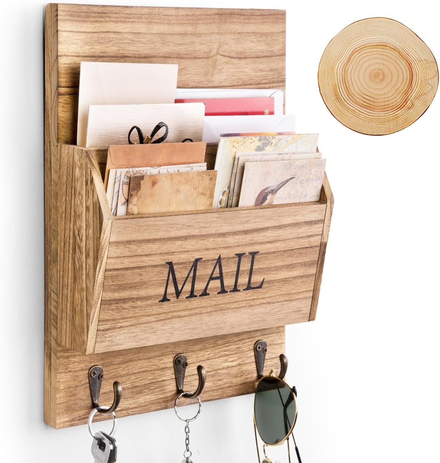 DLQuarts Solid Wood Mail Organizer with Key Holder for Wall, Mail Sorter Wall Mounted, Decorative Wooden Key and Mail Holder with 3 Hooks, White
