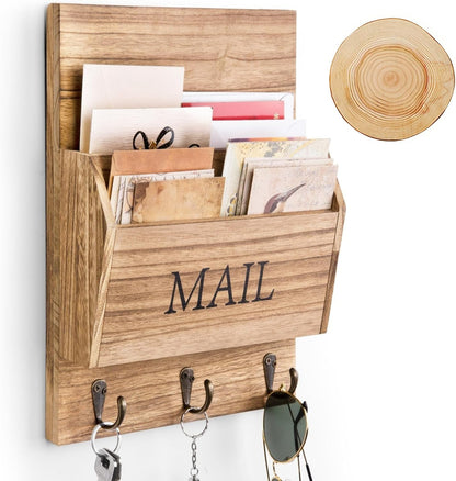 DLQuarts Solid Wood Mail Organizer with Key Holder for Wall, Mail Sorter Wall Mounted, Decorative Wooden Key and Mail Holder with 3 Hooks, White