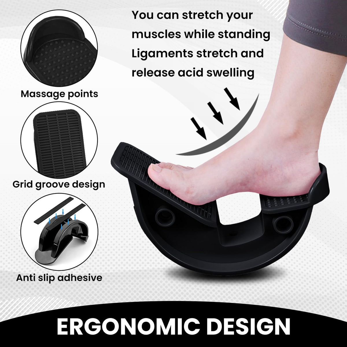 Foot and Calf Stretcher for Plantar Fasciitis Relief - Foot Rocker with Yoga Stretching Strap, Hamstring & Achilles Stretcher - Non-Slip Home Physical Therapy Equipment for Flexibility & Recovery