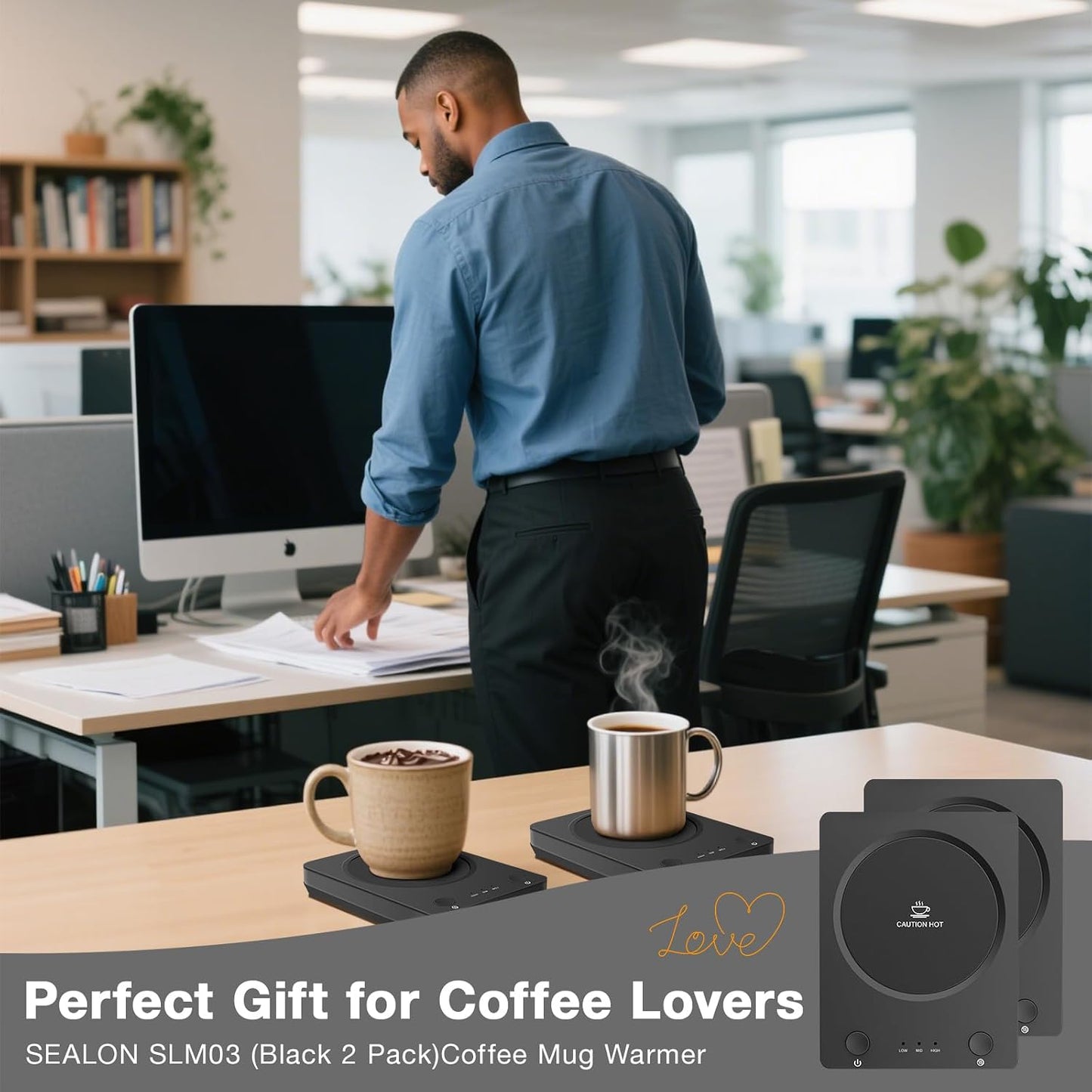 SEALON SLM03 Electric Coffee Mug Warmer - 3-Temperature Desk Cup Warmer with Auto Shut-Off (4 Hours) for Heating Coffee, Tea, Milk & Beverages