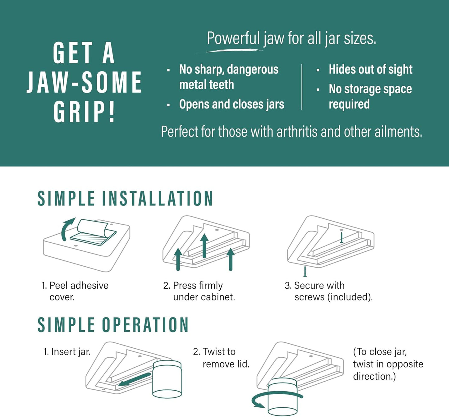 Jar Opener | Under Cabinet Jar Opener & Jar Closer for Weak Hands, Seniors, Arthritis, & One-Handed Use | Effortless Grip Jar, Bottle & Lid Opener | Kitchen Gadget Gift | Made in USA