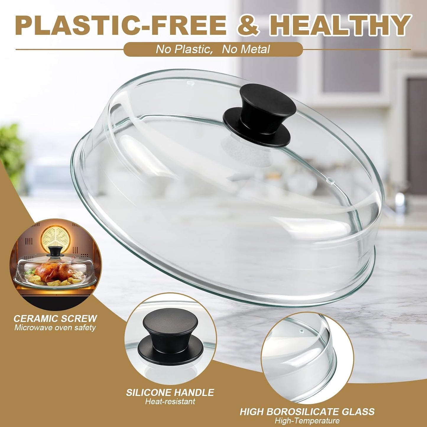 Glass Microwave Splatter Cover, Sturdy Food Plate Splatter Guard Lid | 10" Borosilicate Tempered Glass Food Cover with Easy Grip Silicone Knob & Vent Hole, BPA Free, Dishwasher Safe, No Plastic