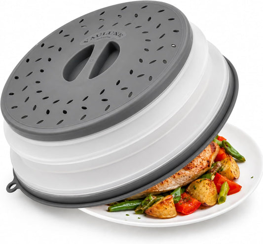10.5" Collapsible Silicone Microwave Splatter Cover – BPA-Free Microwave Food Cover with Steam Vents, Foldable Microwave Plate Cover & Dish Cover Splatter Guard for Microwave Oven, Grey