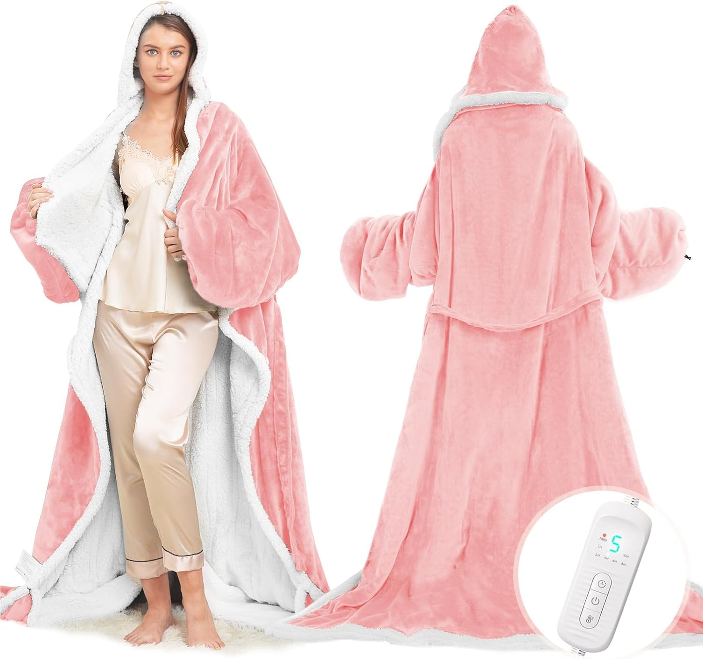 Wearable Heated Blanket with Foot Pocket, Electric Wearable Throw Blanket with Sleeves, Hood, Portable Heated Blanket with 8 Heat Settings, 1-10 Hours Auto Shut-off, Gift for Family, Friends, 50*70"