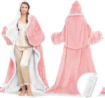 Wearable Heated Blanket with Foot Pocket, Electric Wearable Throw Blanket with Sleeves, Hood, Portable Heated Blanket with 8 Heat Settings, 1-10 Hours Auto Shut-off, Gift for Family, Friends, 50*70"