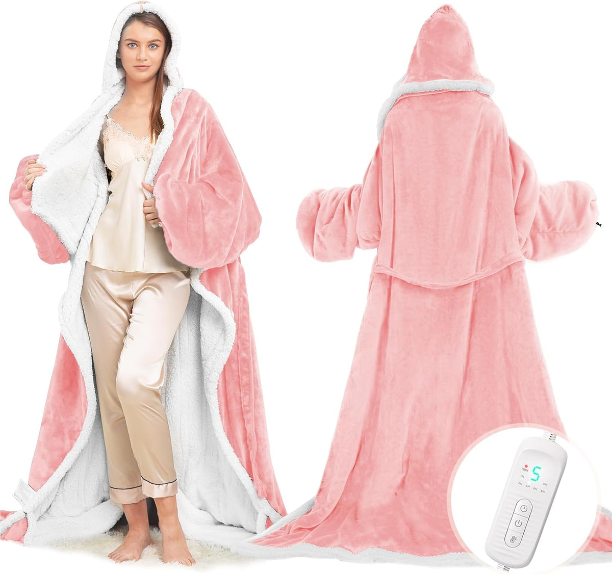 Wearable Heated Blanket with Foot Pocket, Electric Wearable Throw Blanket with Sleeves, Hood, Portable Heated Blanket with 8 Heat Settings, 1-10 Hours Auto Shut-off, Gift for Family, Friends, 50*70"