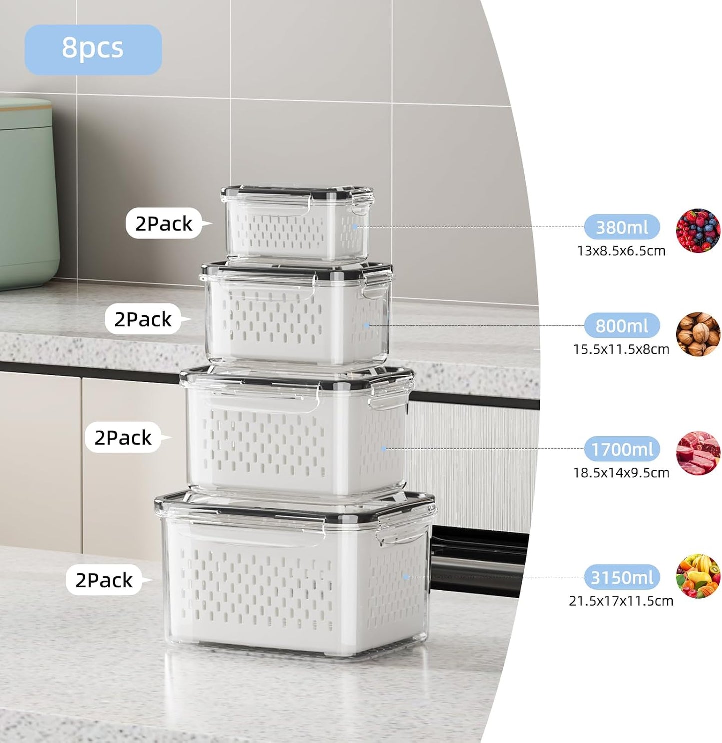 Fruit Storage Container for Fridge with Removable Colander, 6 Pack | Leakproof Produce Containers for Fridge, Airtight Food Storage Container, Keep Fruit, Veggies, Berry, Salad Fresh Longer