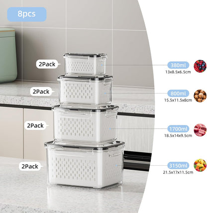 Fruit Storage Container for Fridge with Removable Colander, 6 Pack | Leakproof Produce Containers for Fridge, Airtight Food Storage Container, Keep Fruit, Veggies, Berry, Salad Fresh Longer