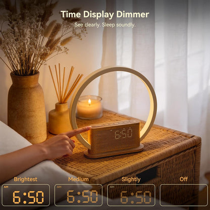 Wood Grain Alarm Clock with Sunrise Lamp & White Noise Sound Machine