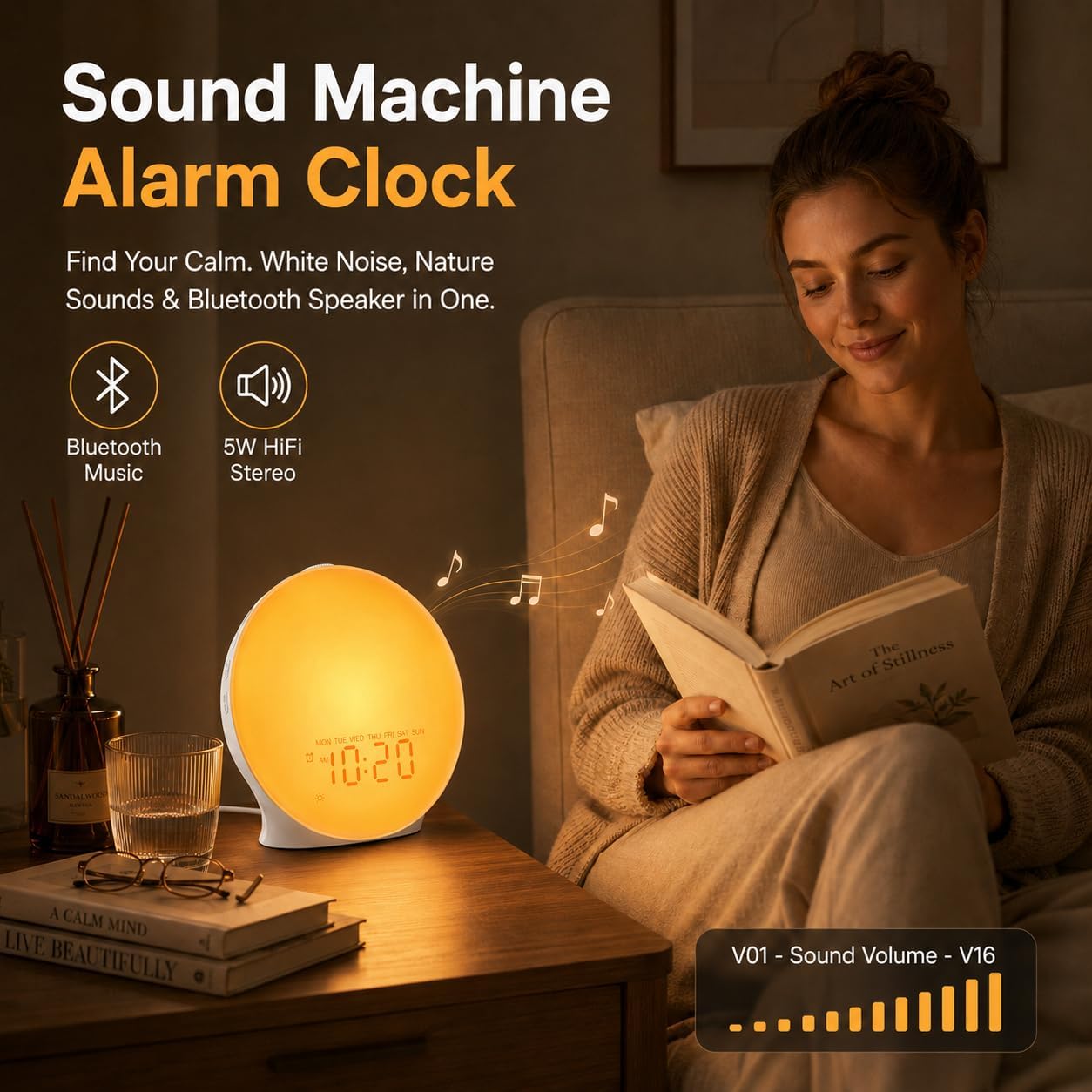 JALL Full Screen Sleep Sound Machine Sunrise Alarm Clock with 25 White Noise Nature Sounds, Wake Up Light for Bedrooms, Hi-Fi Bluetooth Speaker, 8-Hour Sleep Timer