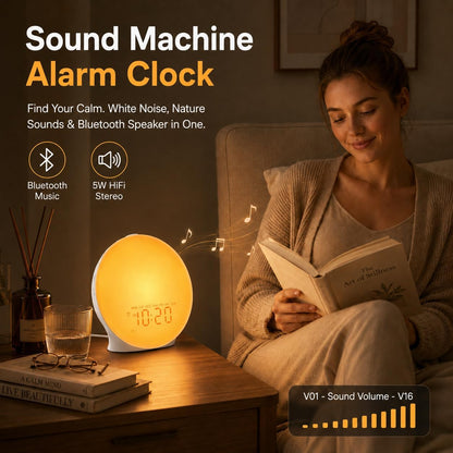 JALL Full Screen Sleep Sound Machine Sunrise Alarm Clock with 25 White Noise Nature Sounds, Wake Up Light for Bedrooms, Hi-Fi Bluetooth Speaker, 8-Hour Sleep Timer