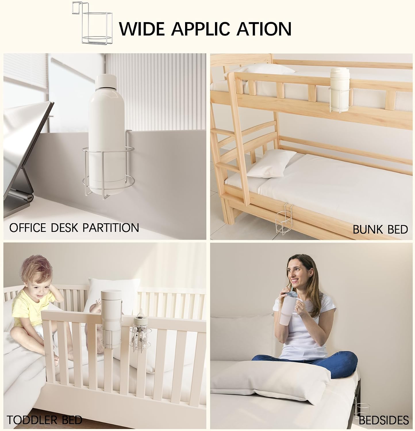 Cup Holder for Bed (Diameter: 3.3IN) Drink Holder Water Bottle/Glass Organizer for Wood Dorm Room Bunk Bed Crib, Metal Toddle Bed,Loft Bedside, Headbed, Car,Office Desk Partition