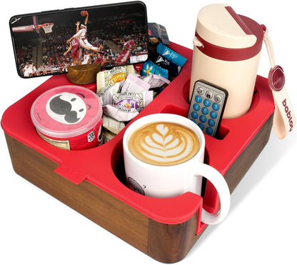 Couch Cup Holder Tray, Real Acacia Wooden Caddy with Soft Silicone, Snack and Drink Organizer- Perfect Movie Night Accessories for Bed, Remote and Cup Holders for Sofa (Black)