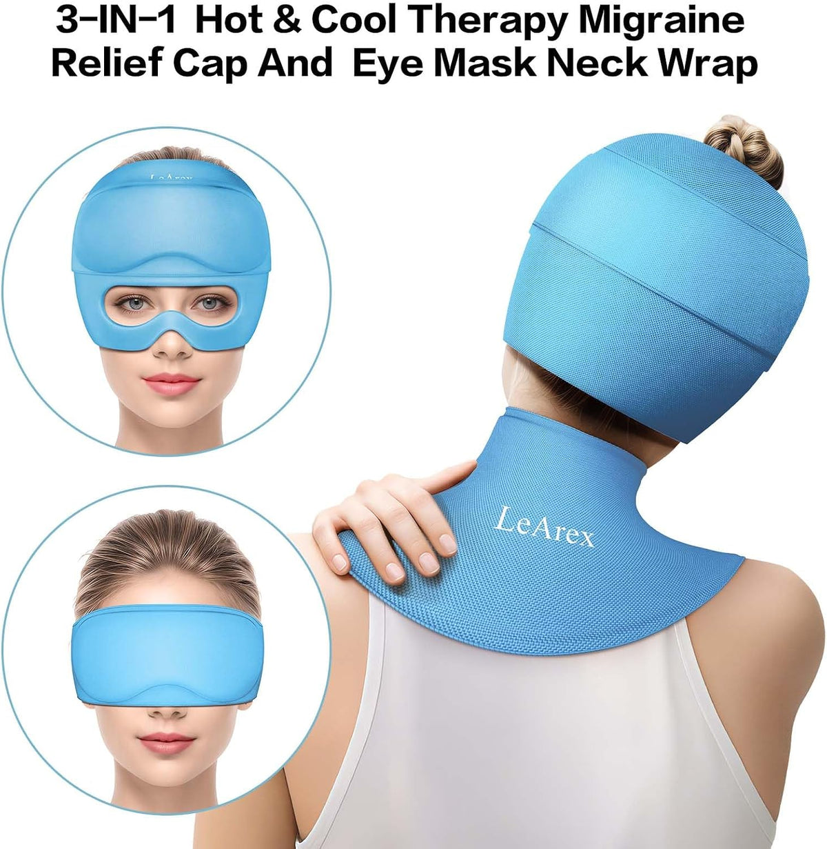 3 in 1 Migraine Relief Cap Neck Ice Pack Wrap Gel and Ice Eye Masks, Detachable Ice Caps with Eyes Masks, Hot and Cold Therapy for Relief of Headaches, Stiff Neck and Eye Fatigue (Purple)