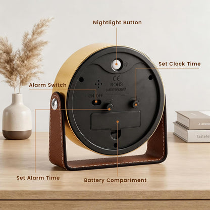 Analog Alarm Clock - 4.5" Silent Non Ticking Small Clock with Light, Rotatable Stand Metal Desk Clock Battery Operated, Simple Design for Living Room Decor/ Bedroom/Bedside/Shelf (Black & White)