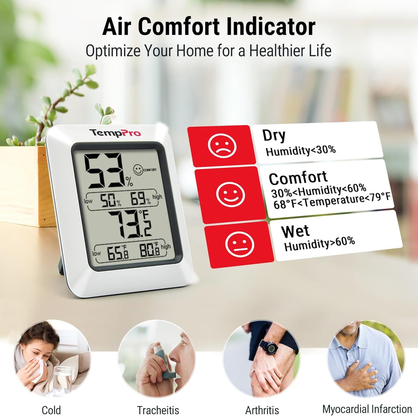 TempPro TempAir Digital Hygrometer Indoor Thermometer Humidity Monitor | Humidity Meter Room Thermometer Humidity Gauge with Temperature Humidity Monitor for House Celler Kitchen Greenhouse, 3 Pack
