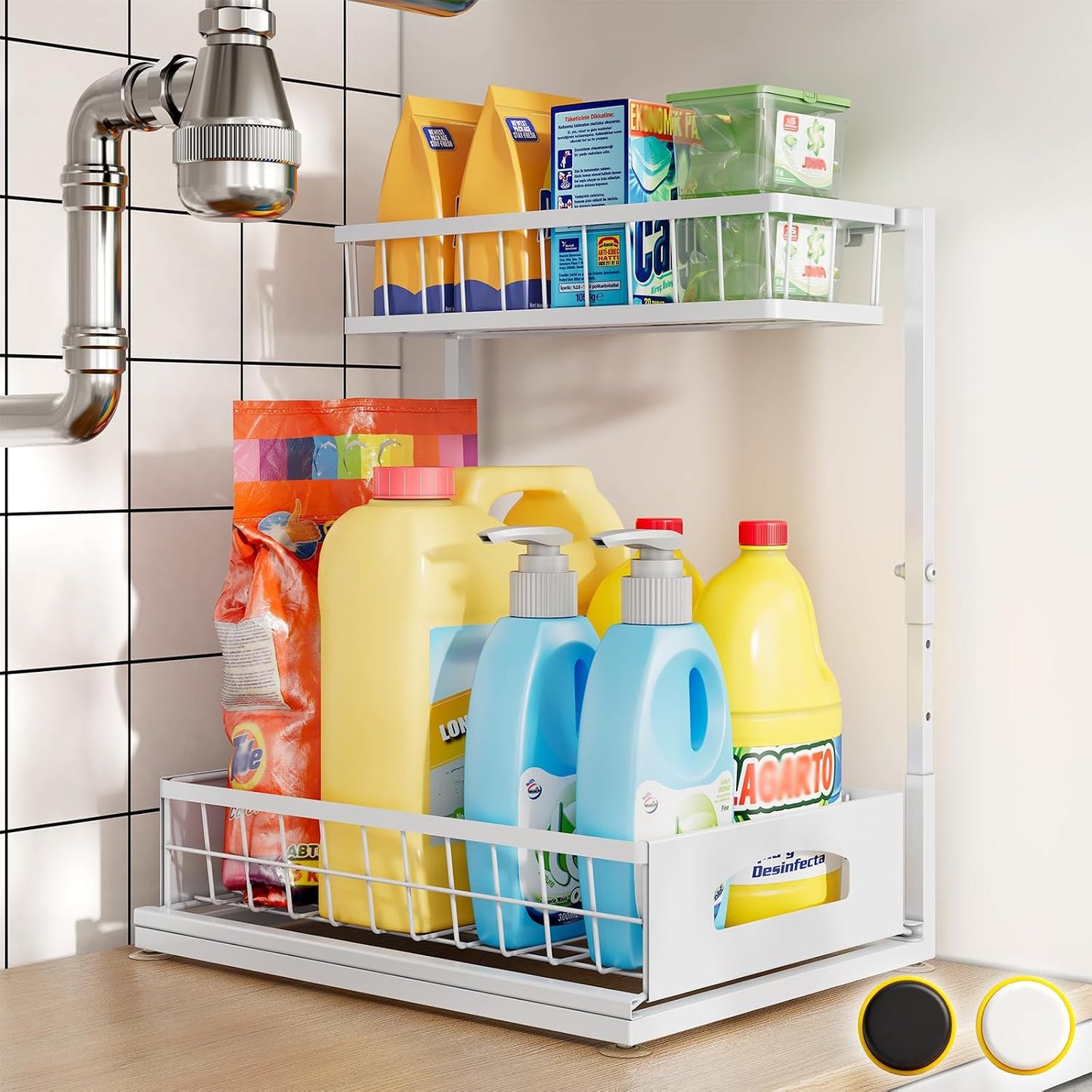 Under Sink Organizer, 2-Pack L-Shaped Metal Pull-Out Drawers for Kitchen | Cabinet Organizer Height Adjustable Heavy Duty Metal 2-Tier Storage Fits Beside Common Pipes for Bathroom Pantry
