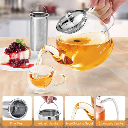 Glass Teapot, 40oz/1200ml Tea Pot with Removable Infuser for Loose Tea | Stovetop Safe Borosilicate Glass Tea Kettle with Strainer and Lid, Hand Crafted Clear Teapot with Scale Line,Tea Brewer Guide