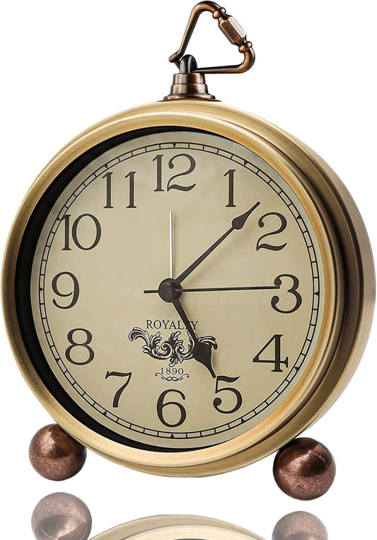 Golden Table Clock, Retro Vintage Non-Ticking Table Desk Alarm Clock Battery Operated Silent Quartz Movement HD Glass for Bedroom Living Room Indoor Decoration Kids (Roman)