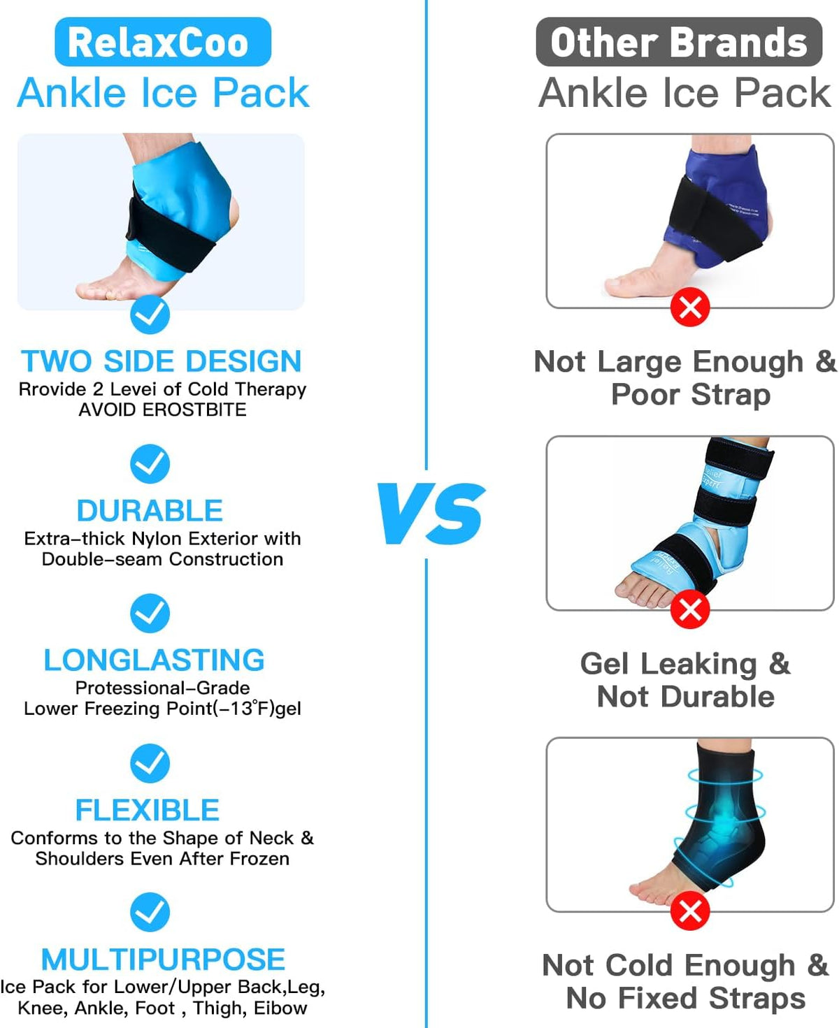 RelaxCoo Ankle Ice Pack Wrap for Swelling, Reusable Gel Ice Pack for Ankle Injuries, Cold Compress Therapy for Foot Pain Relief, Achilles Tendonitis, Plantar Fasciitis, Sprains