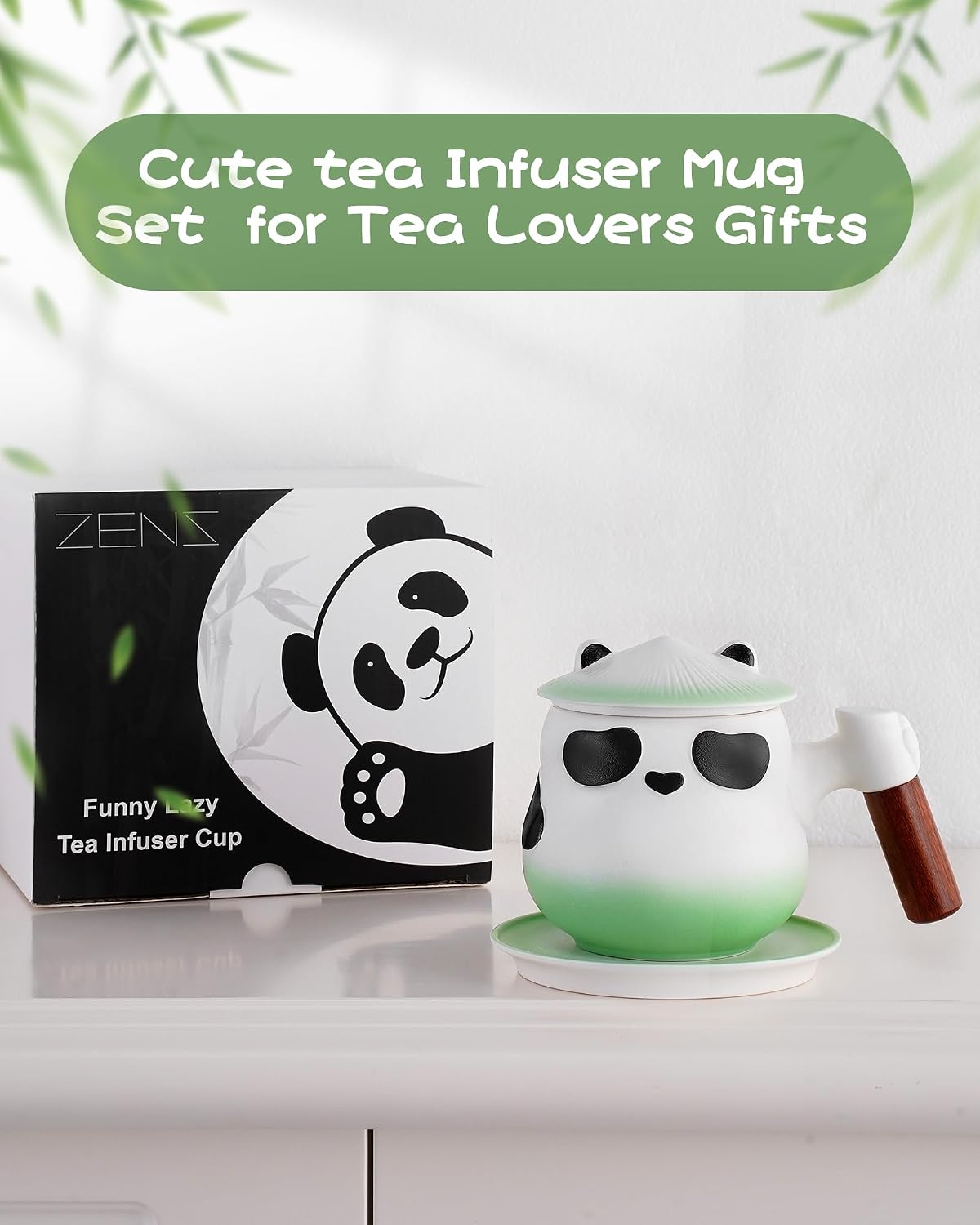 ZENS Tea Infuser Mug with Lid for Loose Leaf Tea Steeper, 11oz Panda | Embossed Ceramic Tea Infuser Mug with Fine Strainer for Herbal Tea Lovers Gifts, Nature Wood Handle