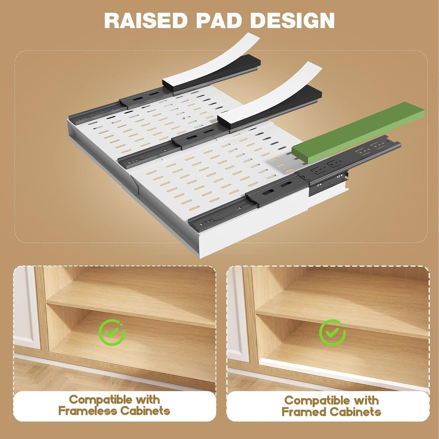 Seinloes Pull Out Cabinet Organizer, 4-Side Expandable to Fit Most Cabinets, 3 Rail Slide Out Drawers with Raising Pad for Framed & Frameless Cabinets, 13"-21" W x 17"-24" D, White, 2 Pack