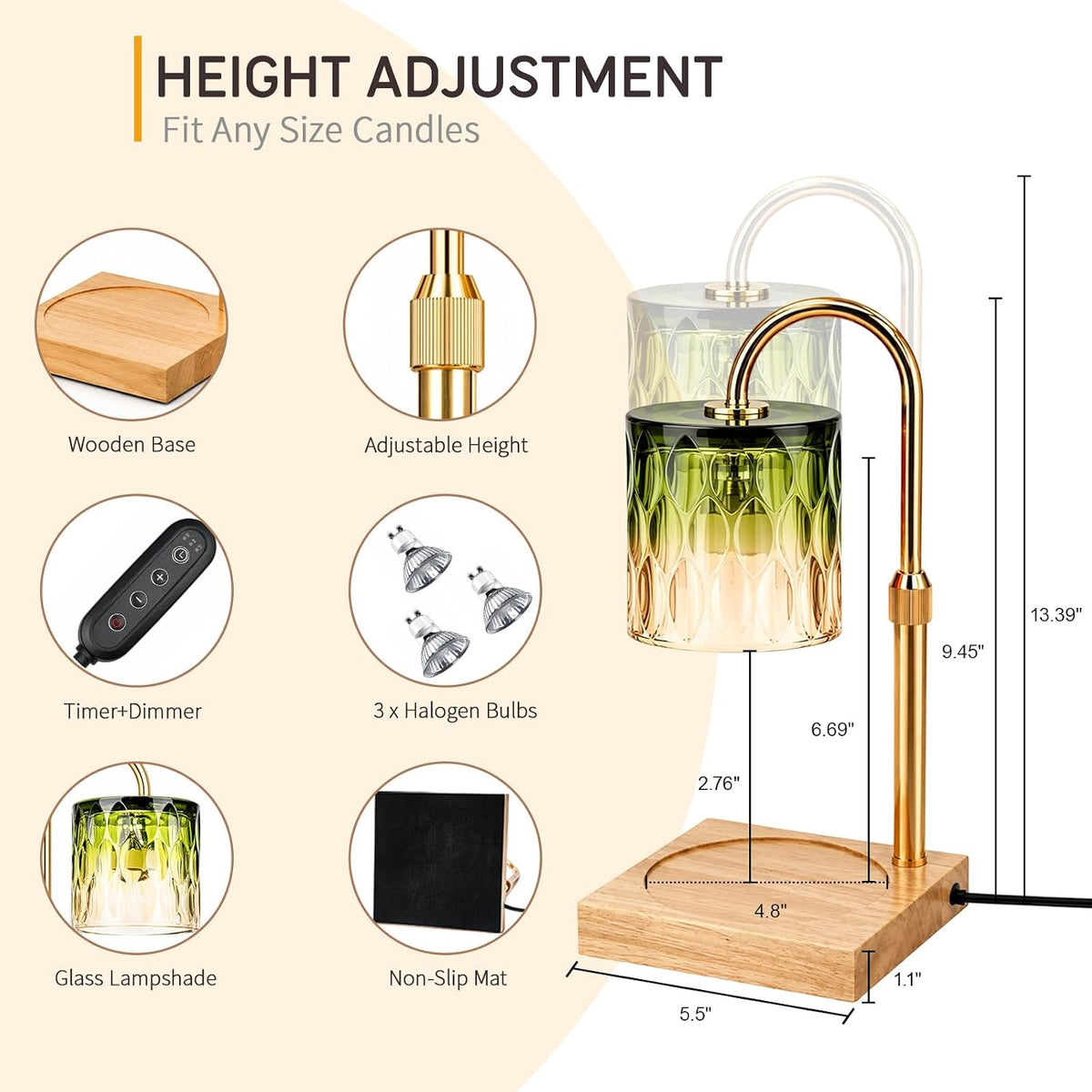 Candle Warmer Lamp with 3 Bulbs, Adjustable Height Dimmable Candle Warmer with Timer, Candle Lamp with Charming Gift Box Ribbon,Birthday Gifts for Women Mom, House Warming Gifts New Home Decor
