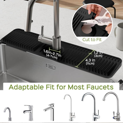 24 Inch Silicone Faucet Mat for Kitchen Sink Splash Guard – Upgraded Draining Mat with Water Tray Behind Faucet – Countertop Protectors to Catch Spills (Black, 24" x 5.5" )