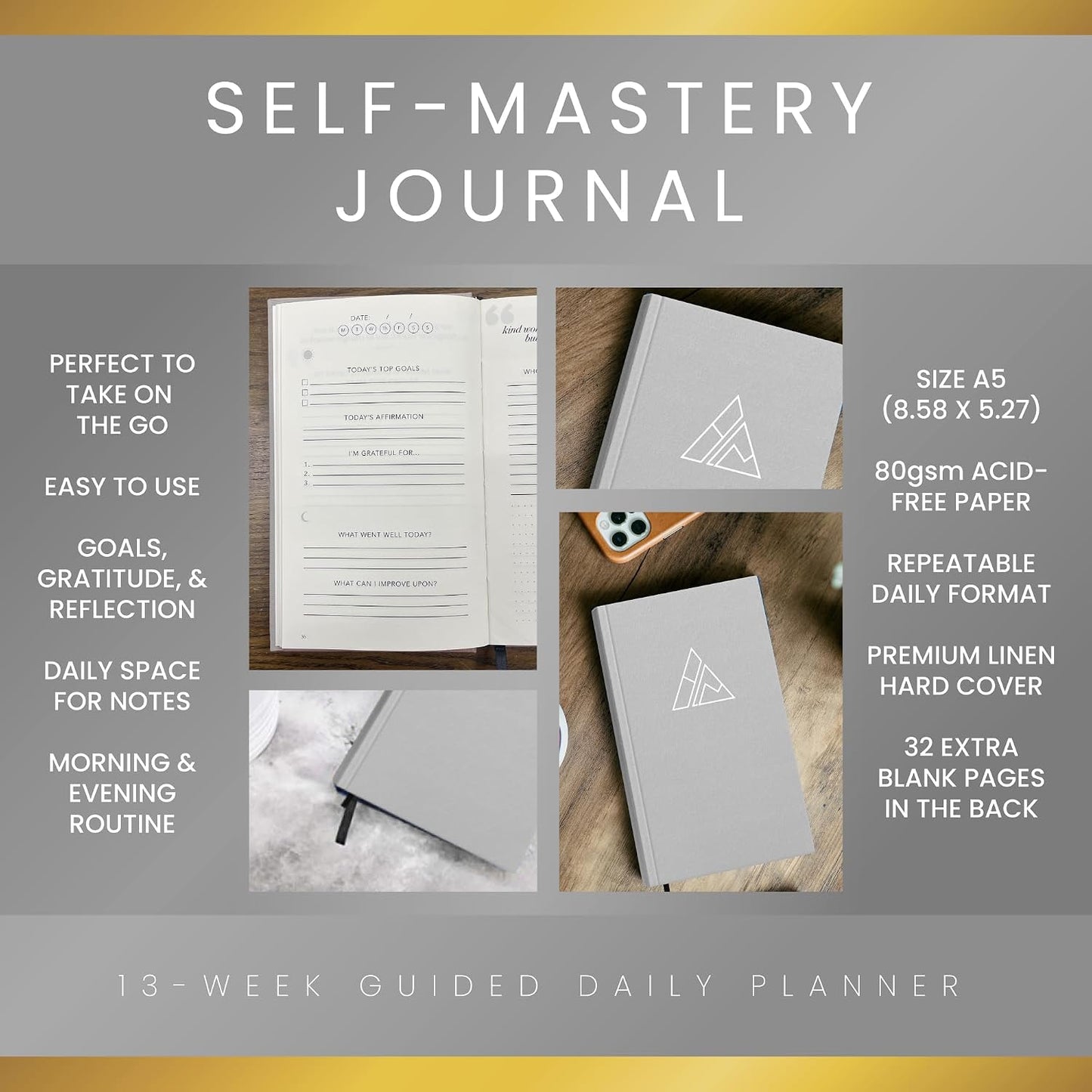 Self-Mastery Journal for Men with Prompts - 13 Week Guided Gratitude Journal - 5 Minute Journal - Reflection Manifestation Journals for Mindfulness - Self Care Journal - Goal Journal for Women & Men