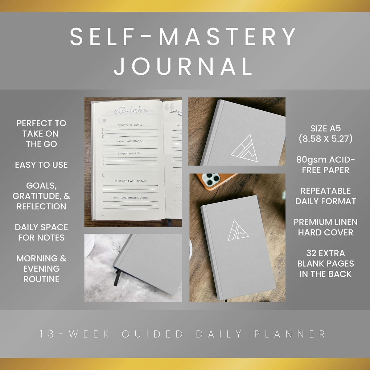 Self-Mastery Journal for Men with Prompts - 13 Week Guided Gratitude Journal - 5 Minute Journal - Reflection Manifestation Journals for Mindfulness - Self Care Journal - Goal Journal for Women & Men