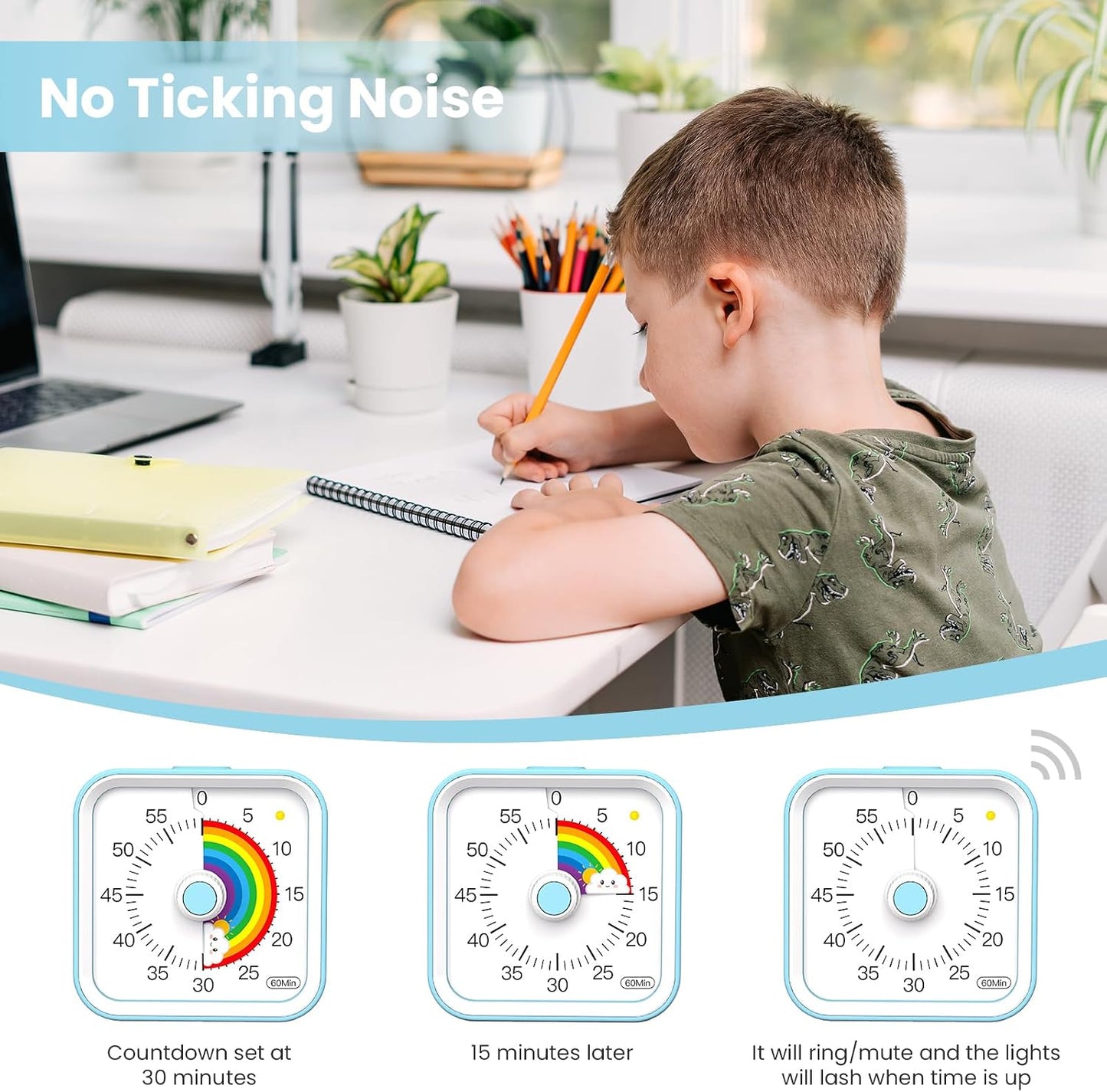 Visual Timer for Kids, Countdown Timer with Pause Function, White | Timer for Kitchen Cooking, Classroom, Study, Toddler, ADHD, Cute Timer Clock, Alarm 3 Volume Levels, Light Indicator